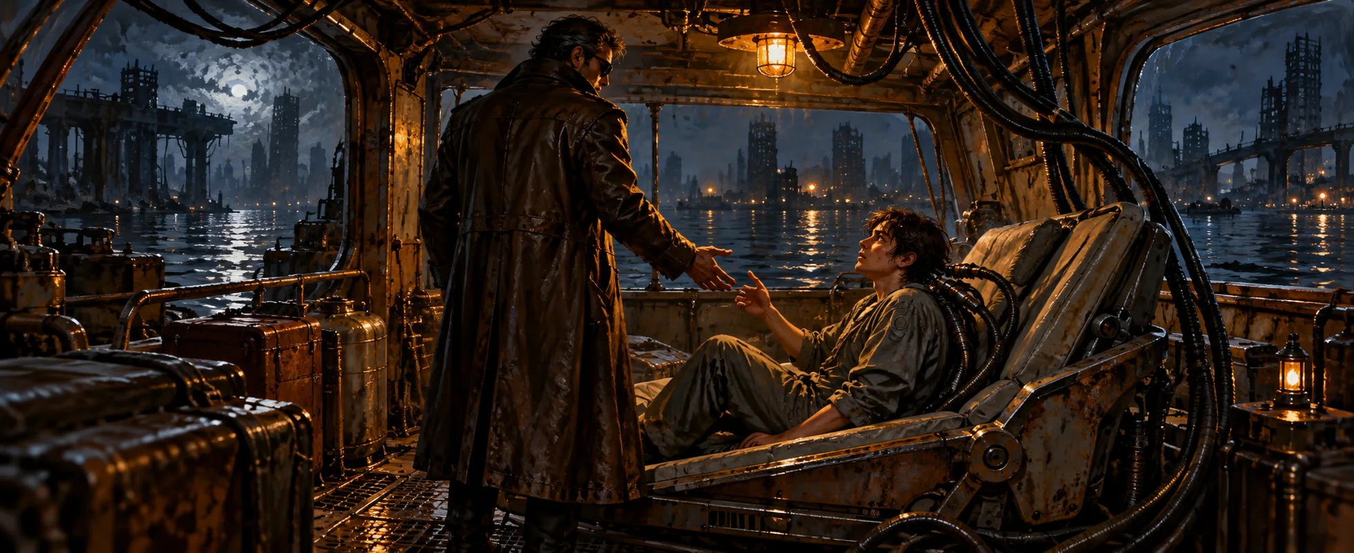 A man in a long leather coat offers his hand to a pale young man sitting up in a reclining chair tangled with cables, inside a rusted hovercraft.