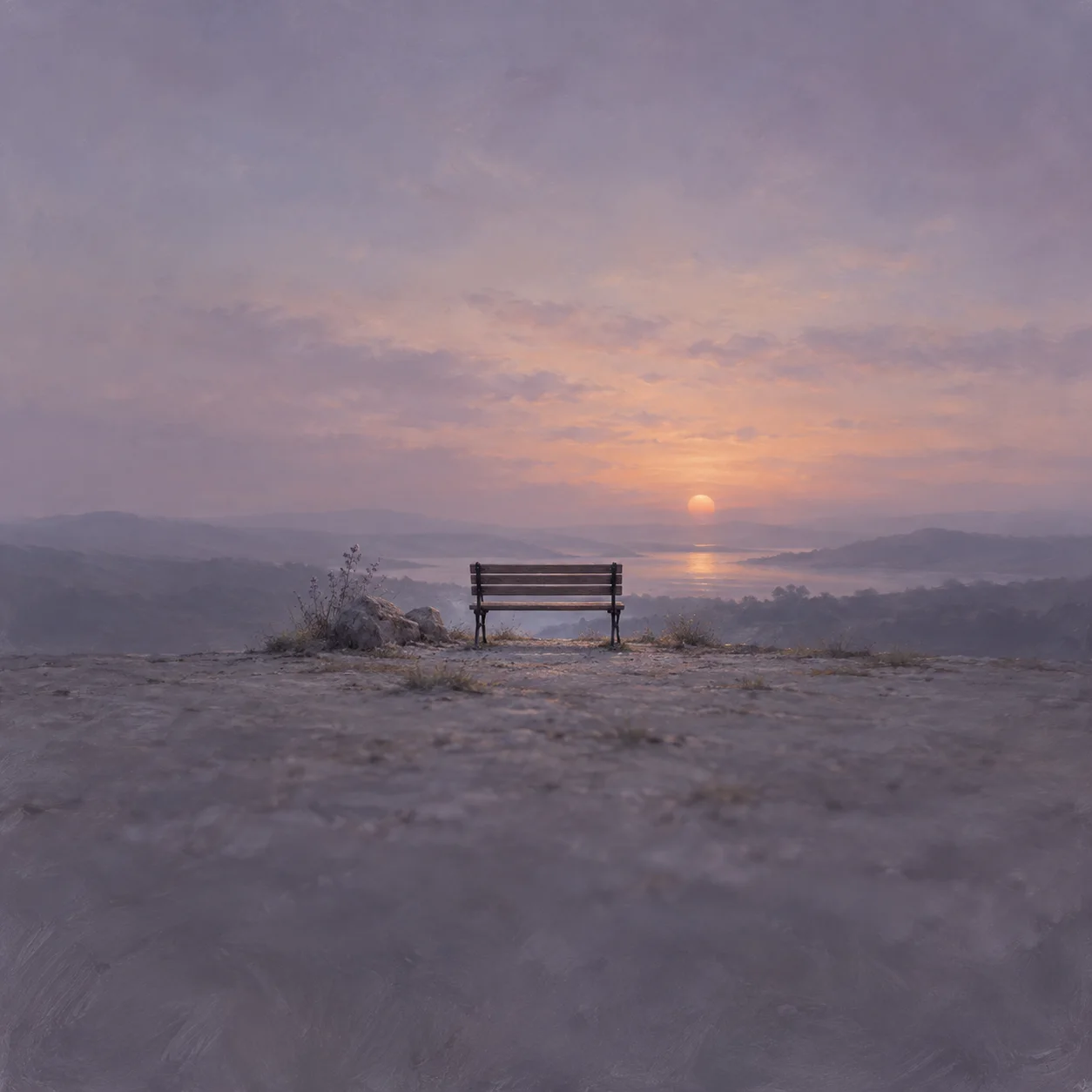 Painterly empty wooden bench overlooking a distant sunset and misty hills.