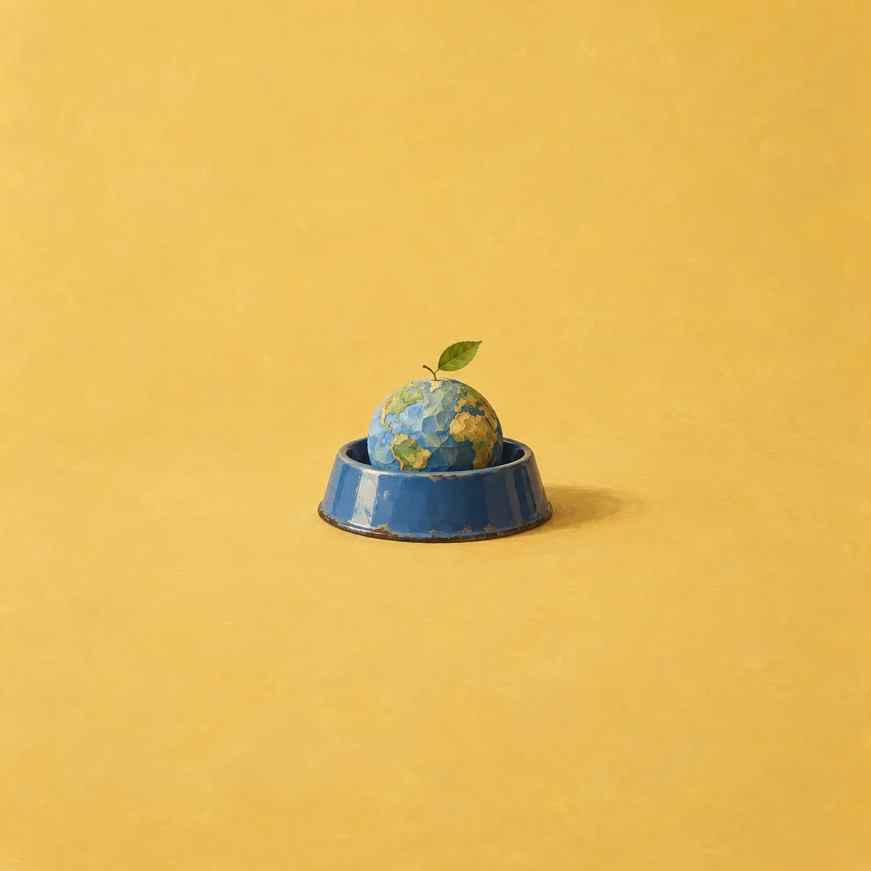 A blue dog bowl holding a small globe topped with a green leaf.