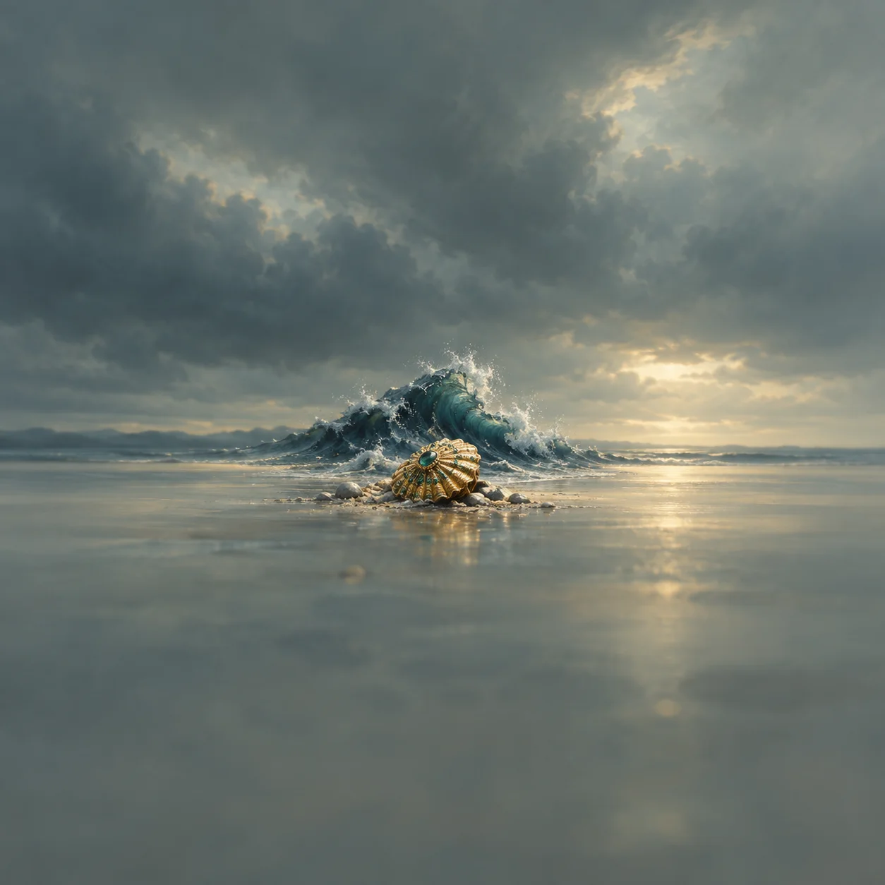 A gold jewelled brooch on a strip of sand in front of a rising dark wave.