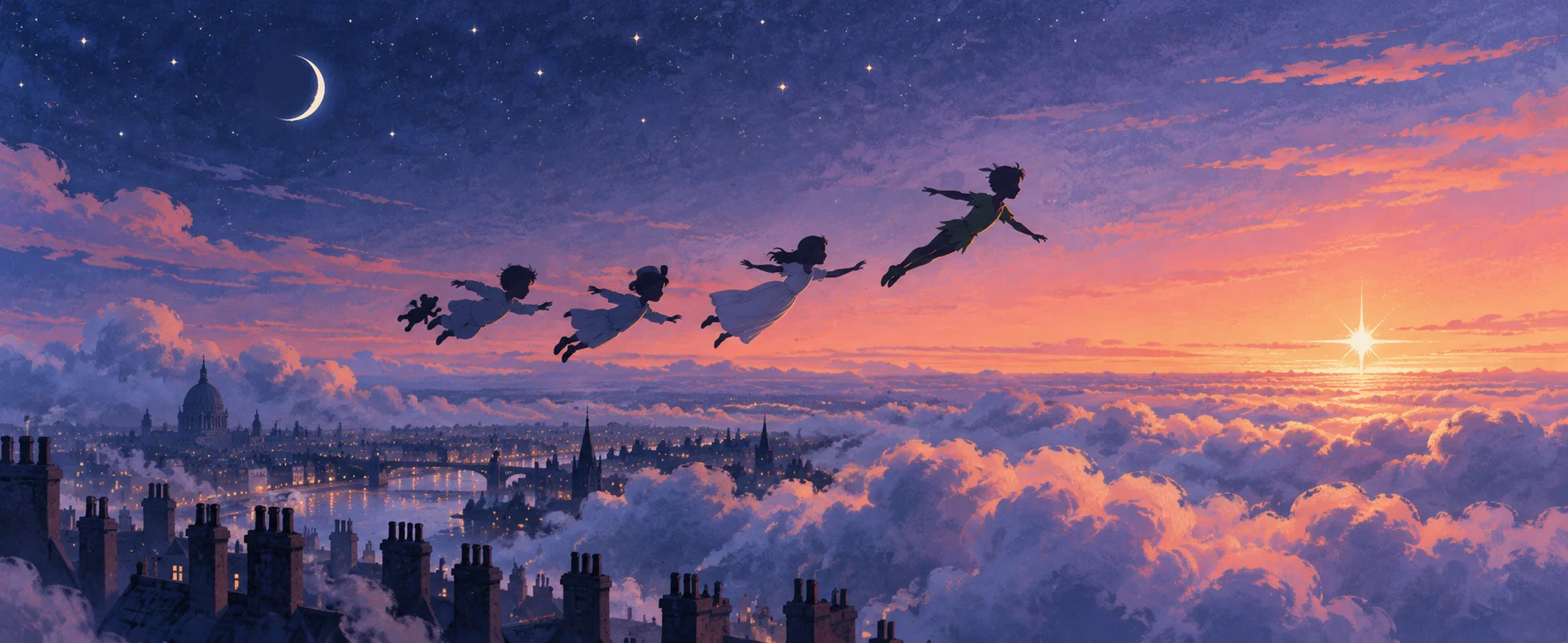 Illustration: four small figures fly over the rooftops of London at sunset towards a bright second star.