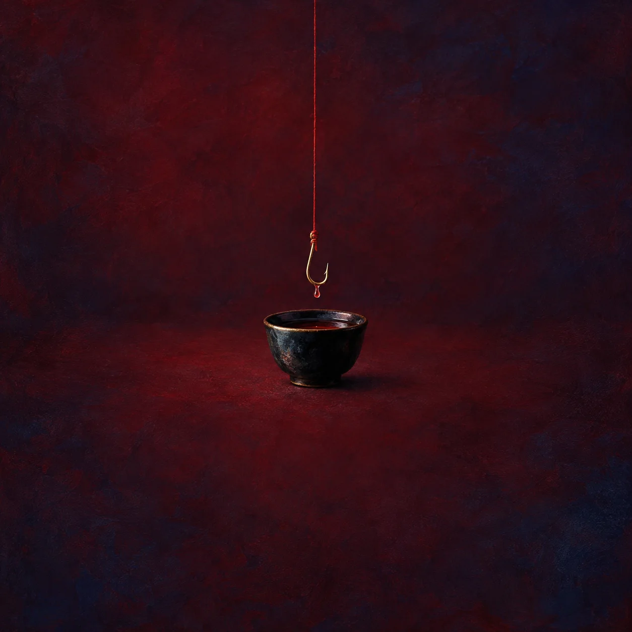 A brass fishing hook hangs from red thread above a small black bowl against crimson and indigo.