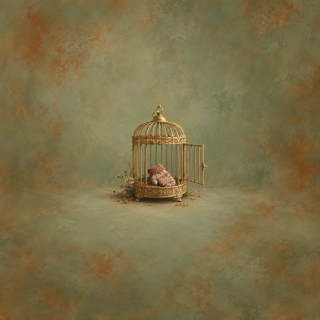 A pale knitted mitten rests inside a gold birdcage with its door open against muted sage and ochre.