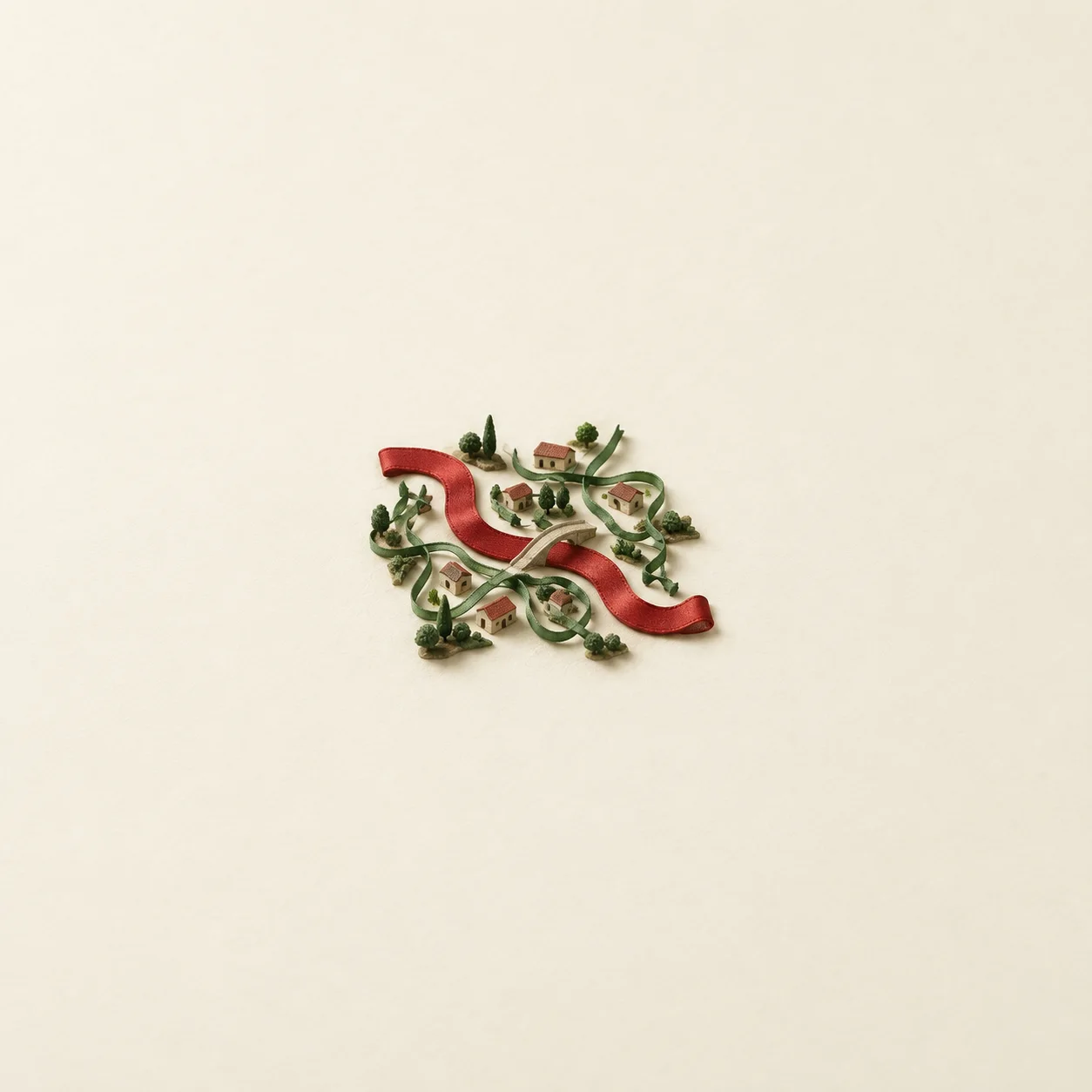 A broad red ribbon winding through a miniature network of pale green paths, houses and trees on a cream surface.