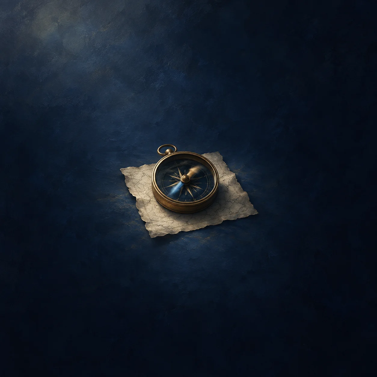 Painterly brass compass lying on torn pale parchment against deep blue.