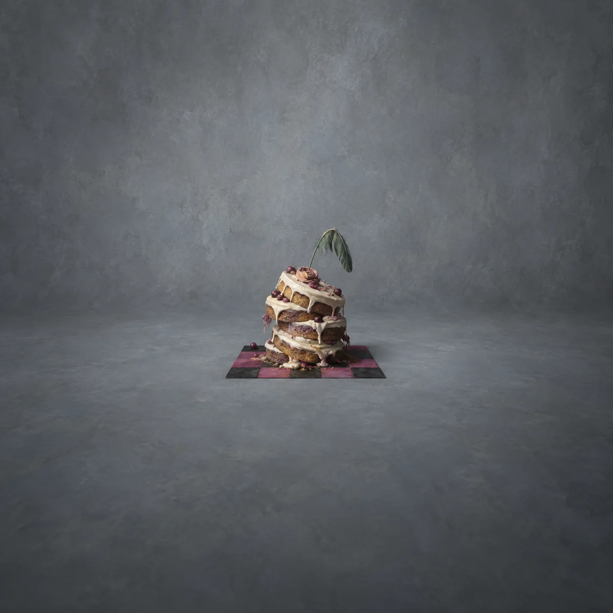 A lopsided layered cake with a drooping green feather stands on a black-and-magenta checked tile.