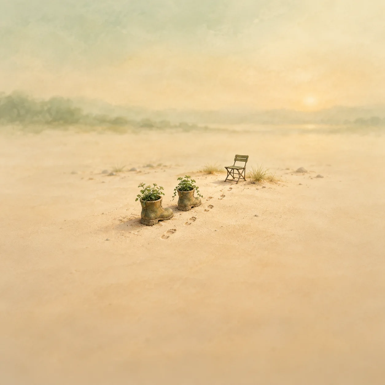 Two old boots holding small plants beside footprints in sand leading towards an empty folding chair.