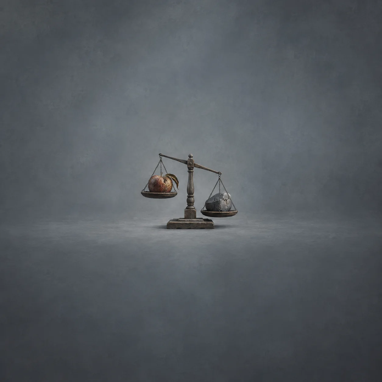 Painterly old balance scale weighing an apple against a grey stone on a dark background.