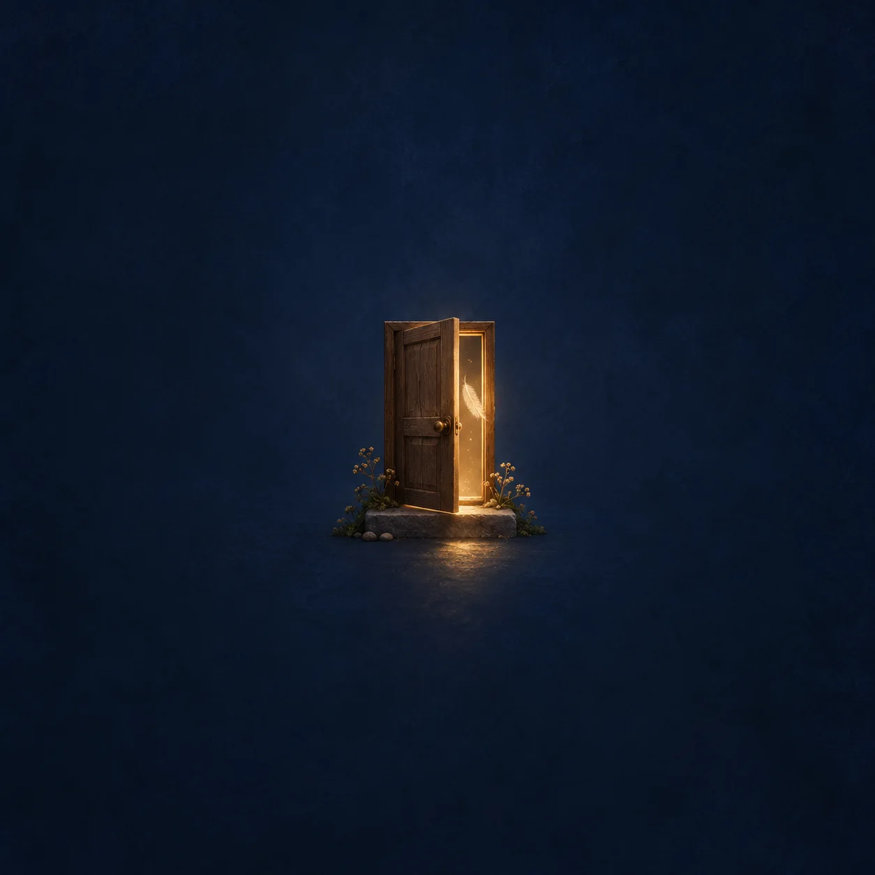 A small wooden door stands ajar with warm golden light and a pale feather visible in the opening against dark blue.
