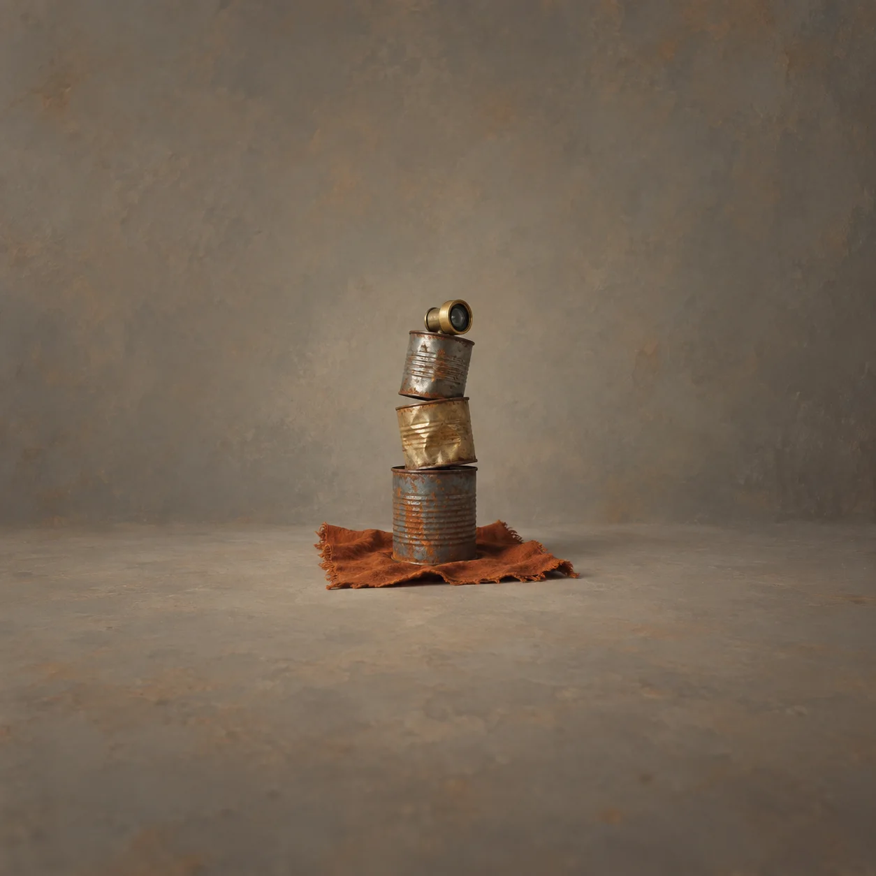 Three battered tin cans form a leaning stack topped by a small brass lens on rust-coloured cloth.