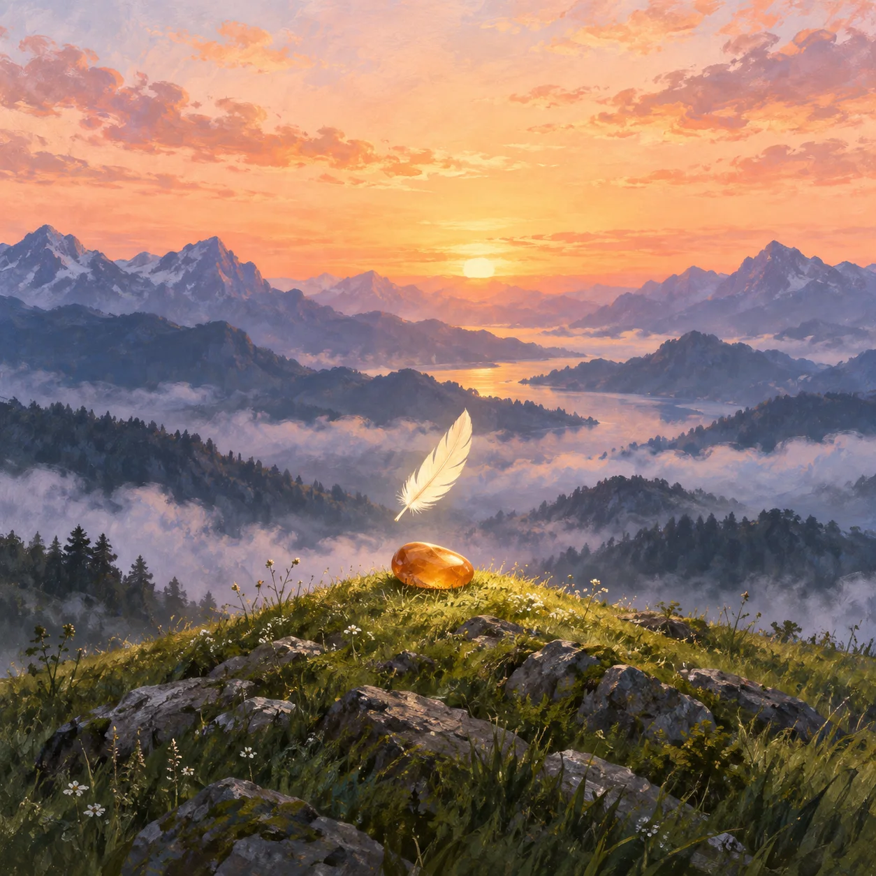 An ivory feather floats above an amber stone on a grassy hill overlooking misty mountains at sunrise.