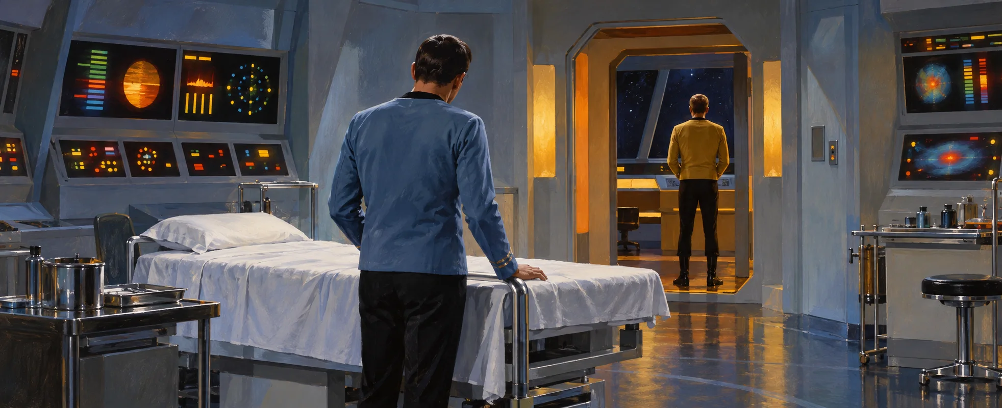 A doctor in a blue tunic stands at an examination bed in a starship sickbay while a captain in gold waits in the doorway.