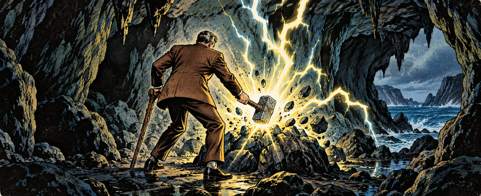 Silver Age comic illustration: a man in a brown suit leaning on a walking stick swings a heavy stone hammer at a pile of rock in a sea cave, and a burst of yellow lightning and flying rock fragments explodes from the impact.