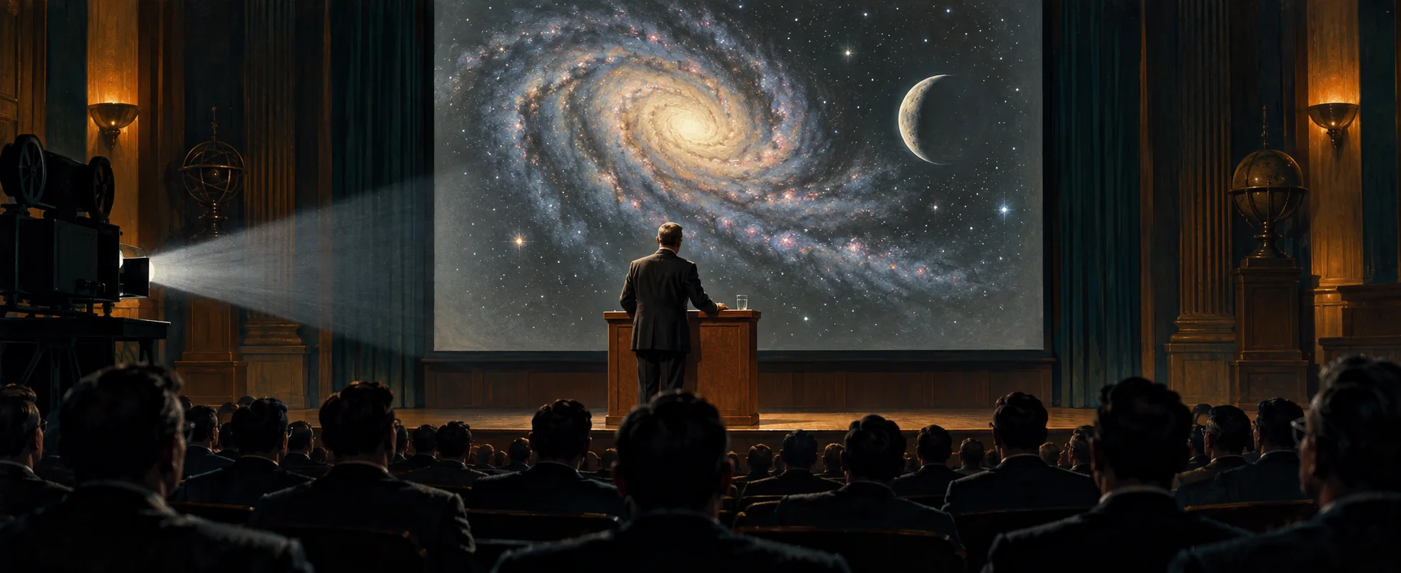 A speaker at a lectern faces a full lecture hall as a projected spiral galaxy fills the screen behind him.