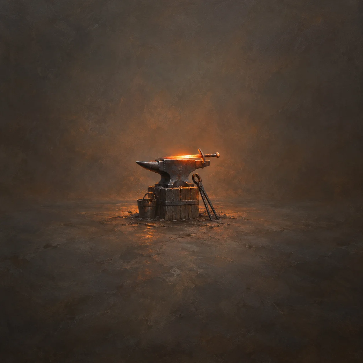 Painterly glowing sword resting on a blacksmith anvil with tools beside it.