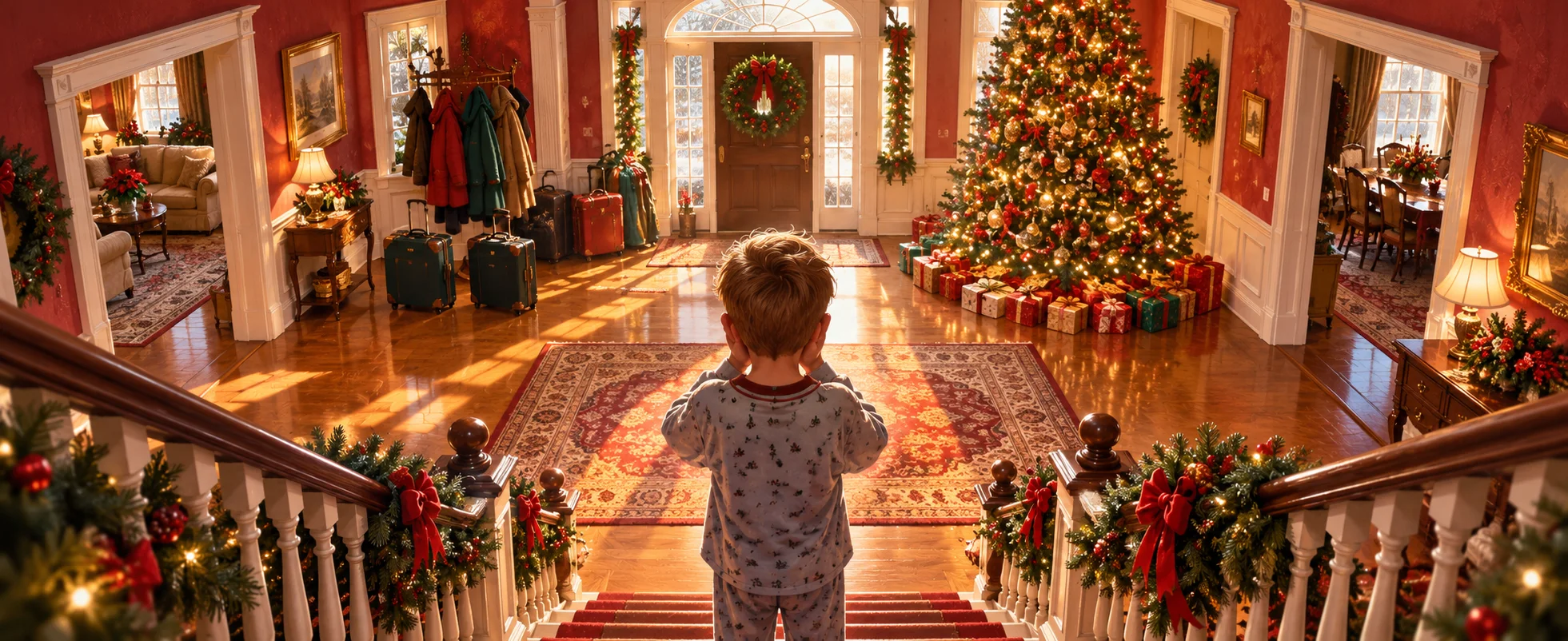 A small boy in pyjamas stands at the top of the stairs looking down into a big, empty, decorated house.