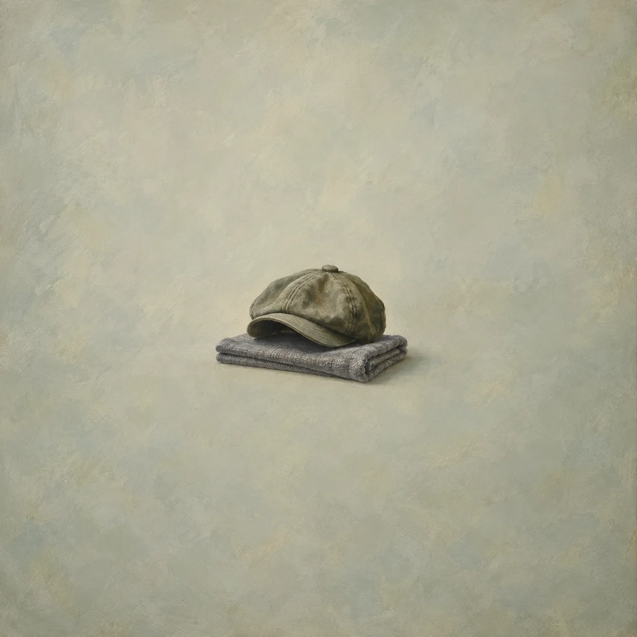 Empty olive cloth cap on a neatly folded gray fabric square