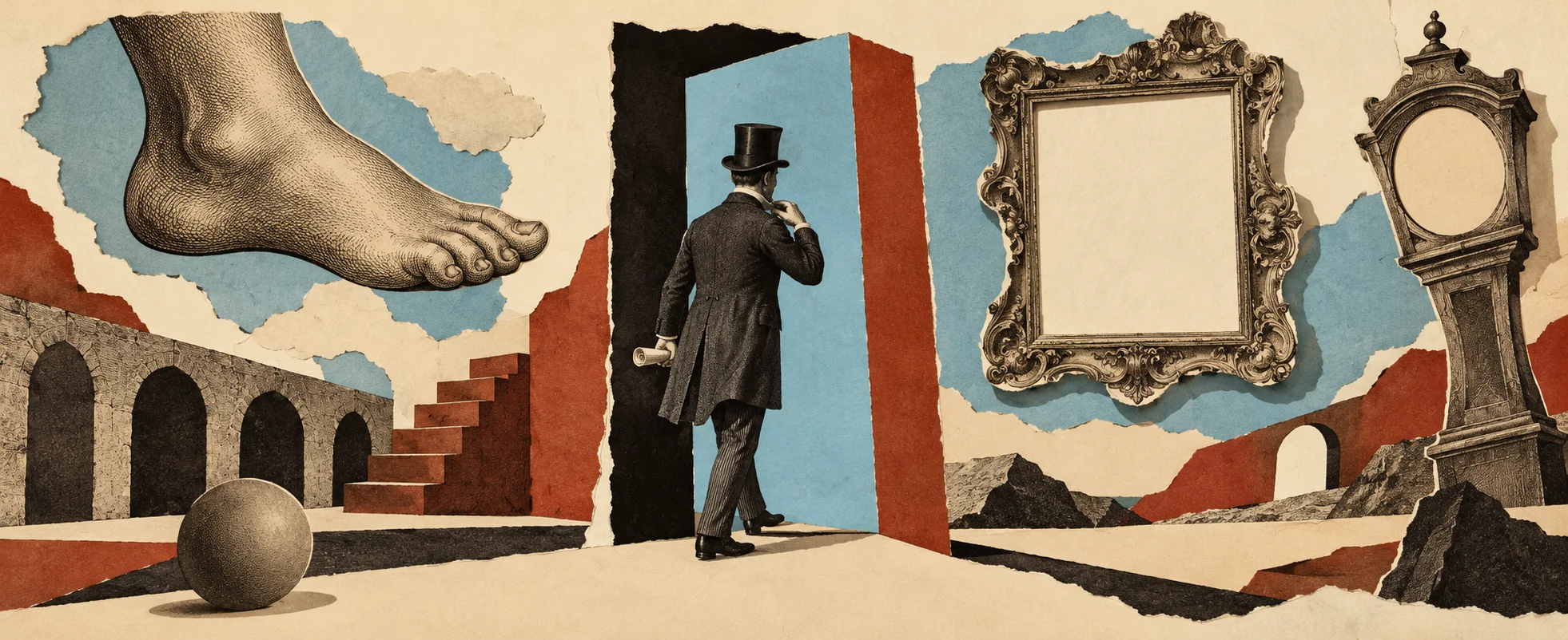 A Victorian gentleman in a top hat steps through a cut-out doorway in a surreal paper collage with a giant foot, an empty gilt frame and a crooked clock.