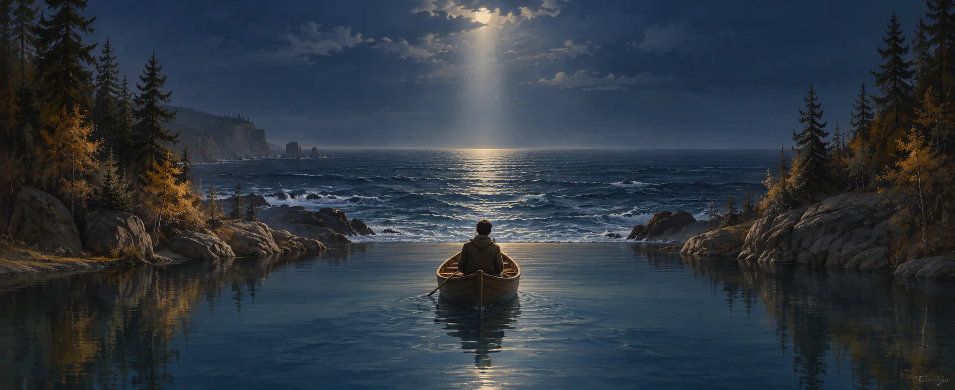 A lone figure in a small boat faces the sea where a forest lake opens into a vast midnight-blue horizon.
