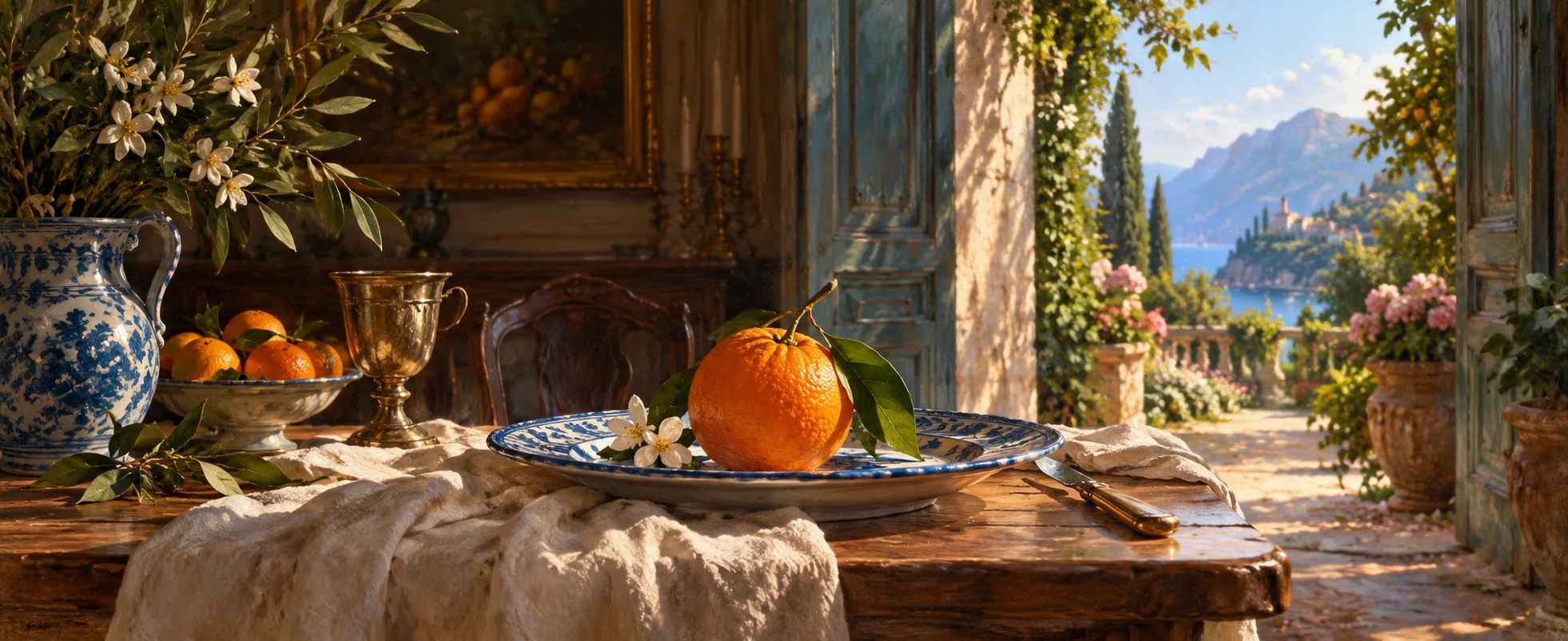 A bright orange rests on a generous blue porcelain plate beside an open doorway into a sunlit garden.