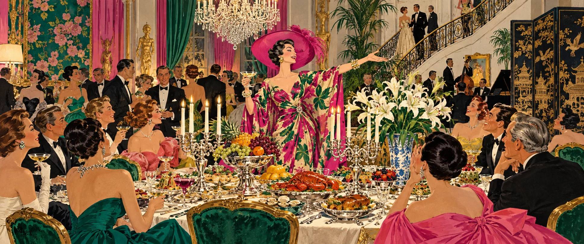 A flamboyant hostess in a bold printed gown and a sweeping pink hat flings out an arm over a lavish banquet table full of guests.
