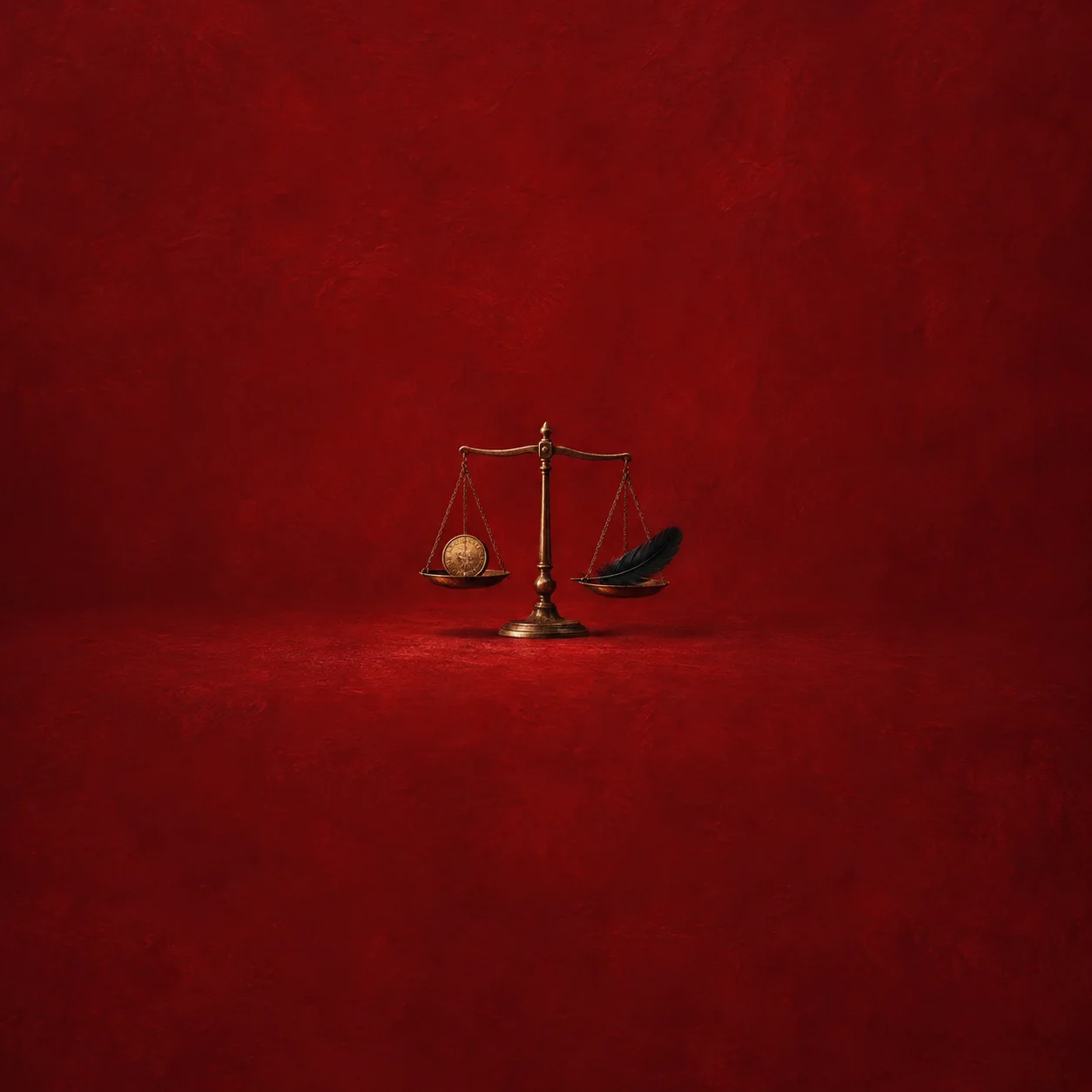 A small brass balance scale holds a gold coin in one pan and a black feather in the other against a crimson background.