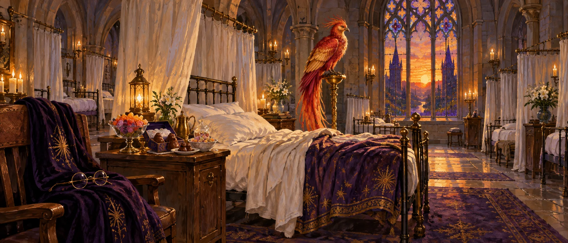 A castle hospital ward at dusk with a rumpled empty bed, a heap of sweets, a phoenix on a golden perch and spectacles on a violet cloak.