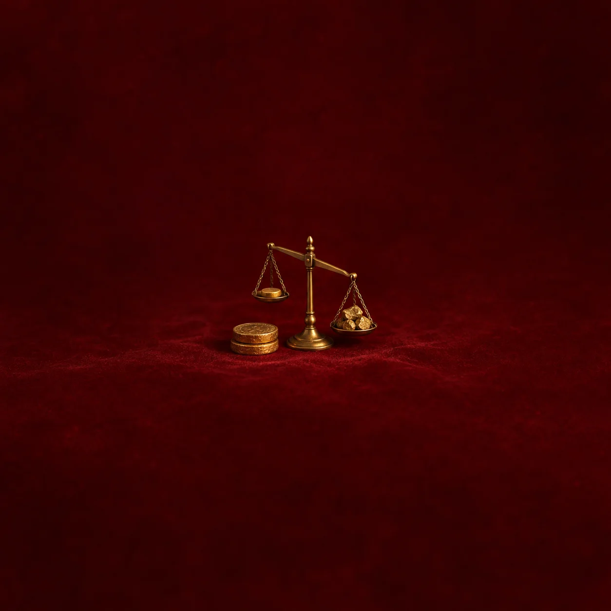 A stack of gold coins beside a small brass balance scale tipped to one side, on dark red velvet.