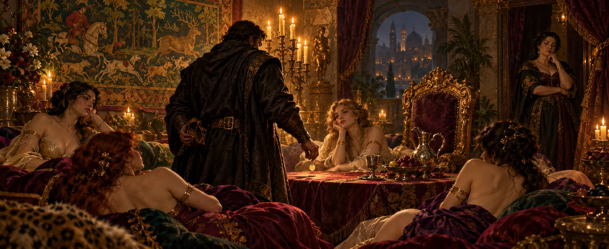 A small man in a dark coat stands in a candlelit chamber hung with tapestries among lounging guests.