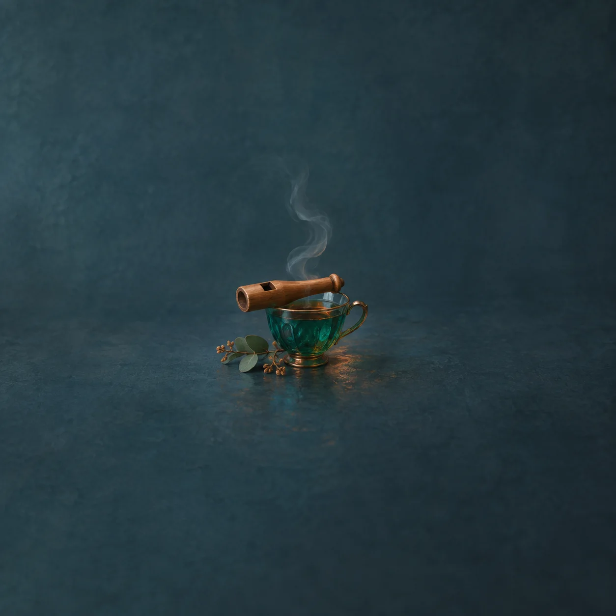 A wooden whistle lying across a small green glass teacup on a slate-blue surface, with a wisp of steam.
