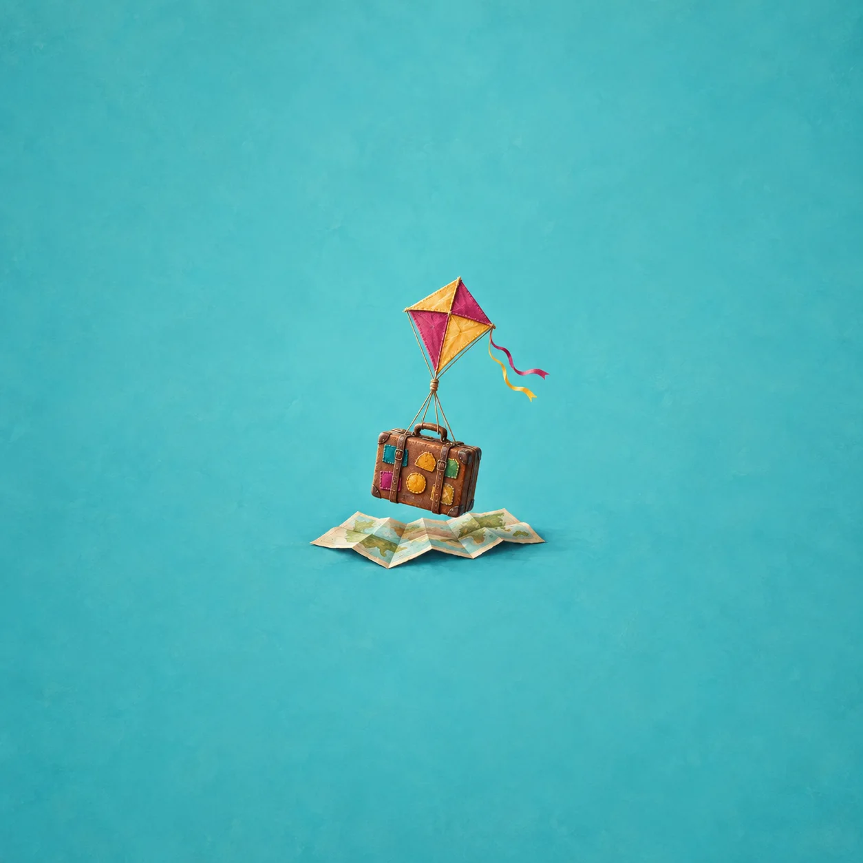 A patched suitcase suspended beneath a colorful kite above a folded map against a turquoise background.