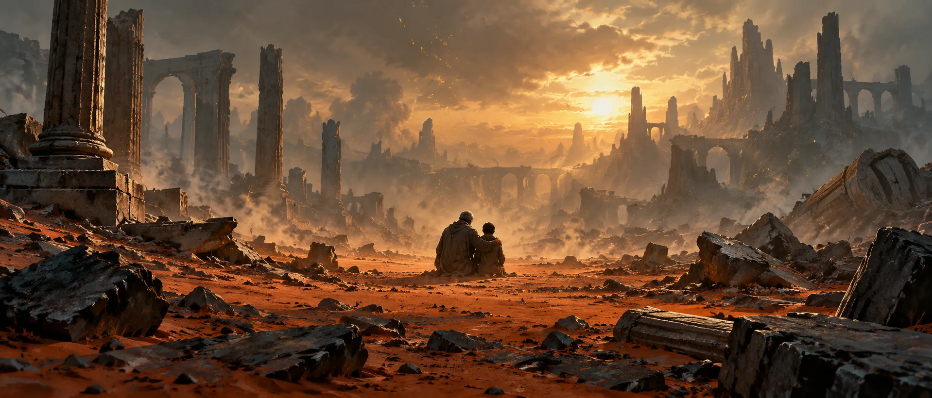 Two small figures, a man holding a boy, kneel together on the dusty orange ruins of an alien world as ash drifts up.