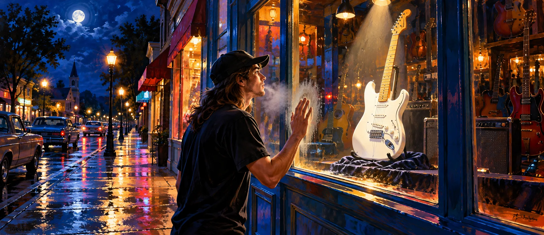 A long-haired young man in a cap presses his hand to a music-shop window, gazing at a white electric guitar on display at night.