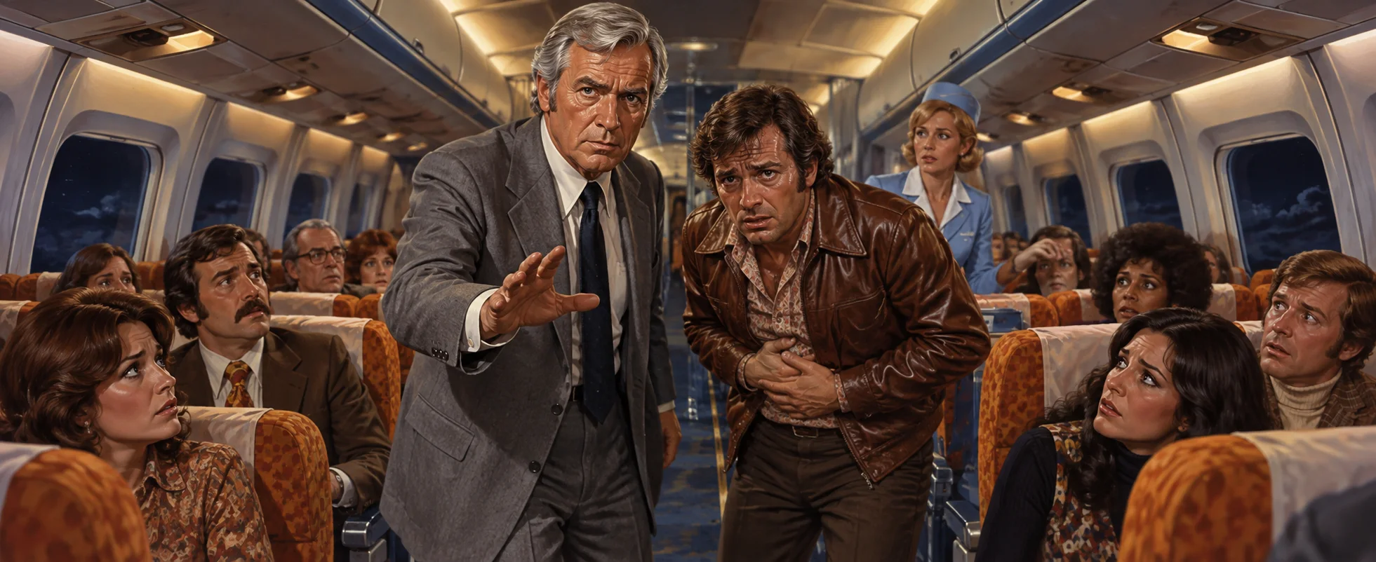 A grave grey-haired doctor speaks to a nervous man in a leather jacket in the aisle of a 1970s airliner as passengers stare.