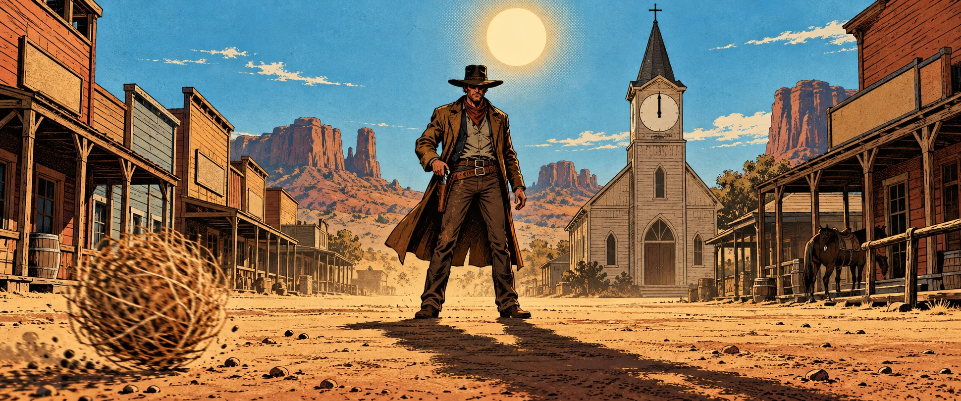 A gunslinger in a long coat and hat stands in a sun-baked western street at noon, a tumbleweed rolling by.