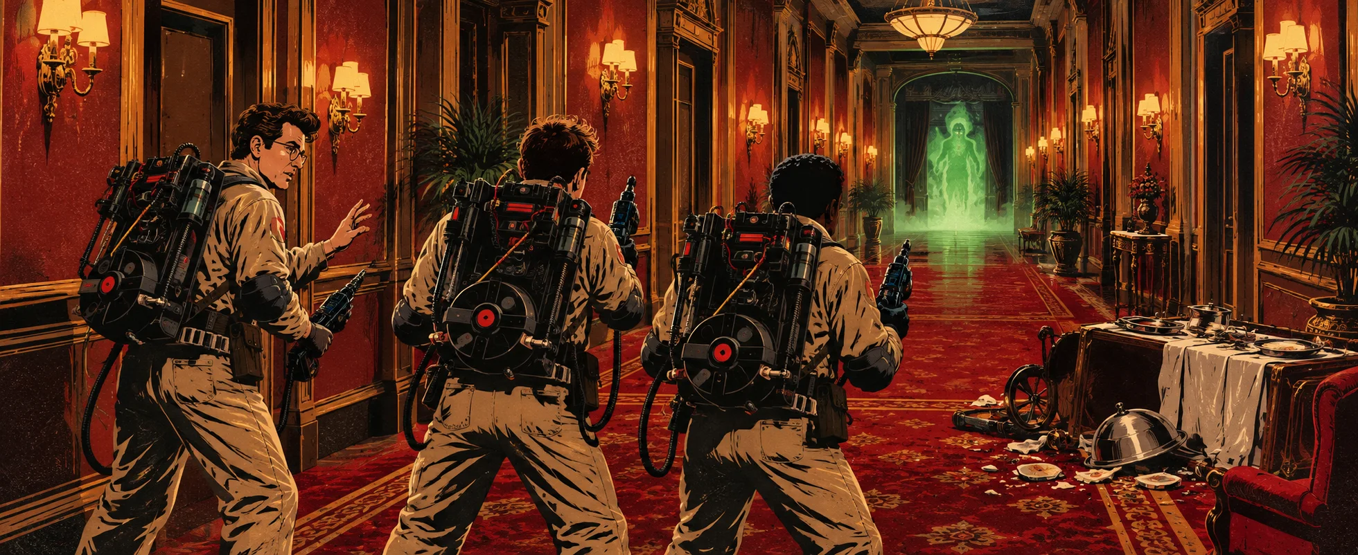 Three men in tan jumpsuits with proton packs stand in a red-carpeted hotel corridor facing a green ghostly glow at the far end.