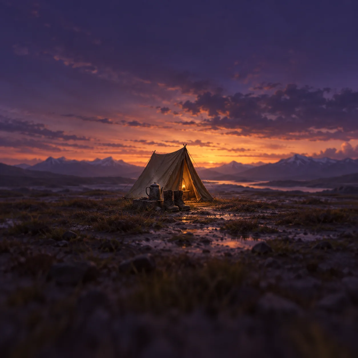 A tent glows from within beside a small kettle in a rocky landscape under a purple-orange evening sky.