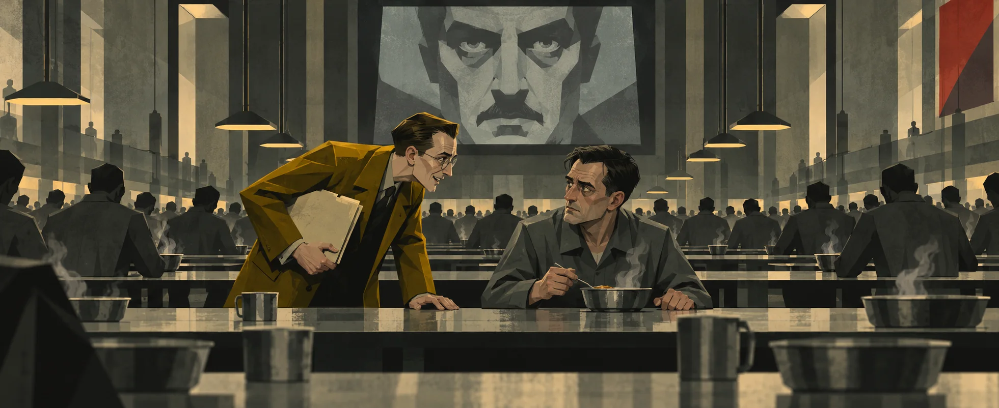 A small man with papers under his arm leans across a canteen table to talk to a man eating stew, a giant moustached face on a poster above them.