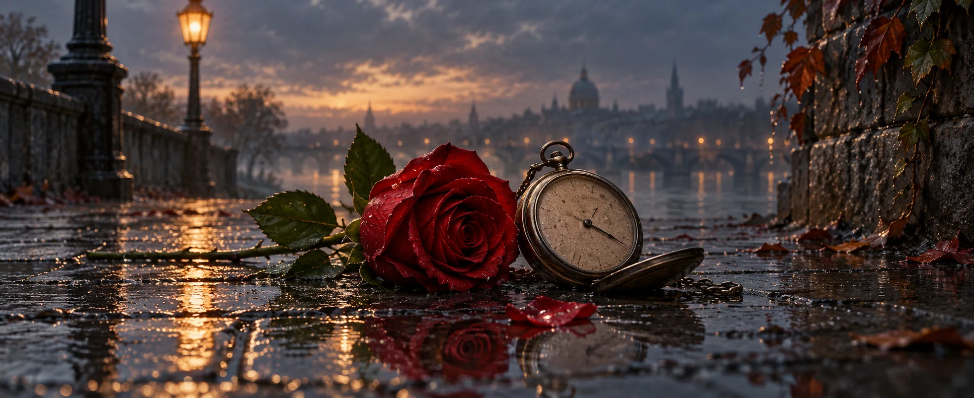 A red rose lies beside a worn pocket watch on rain-wet pavement.