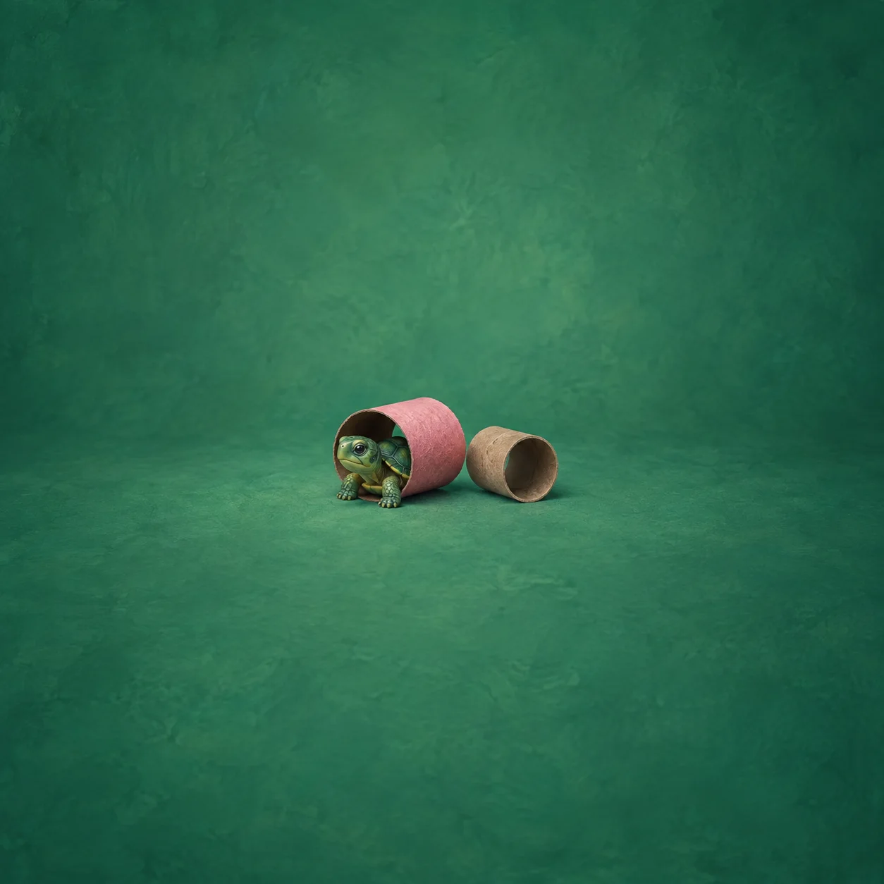 A green toy turtle emerges from a pink cardboard tube beside an empty brown tube.