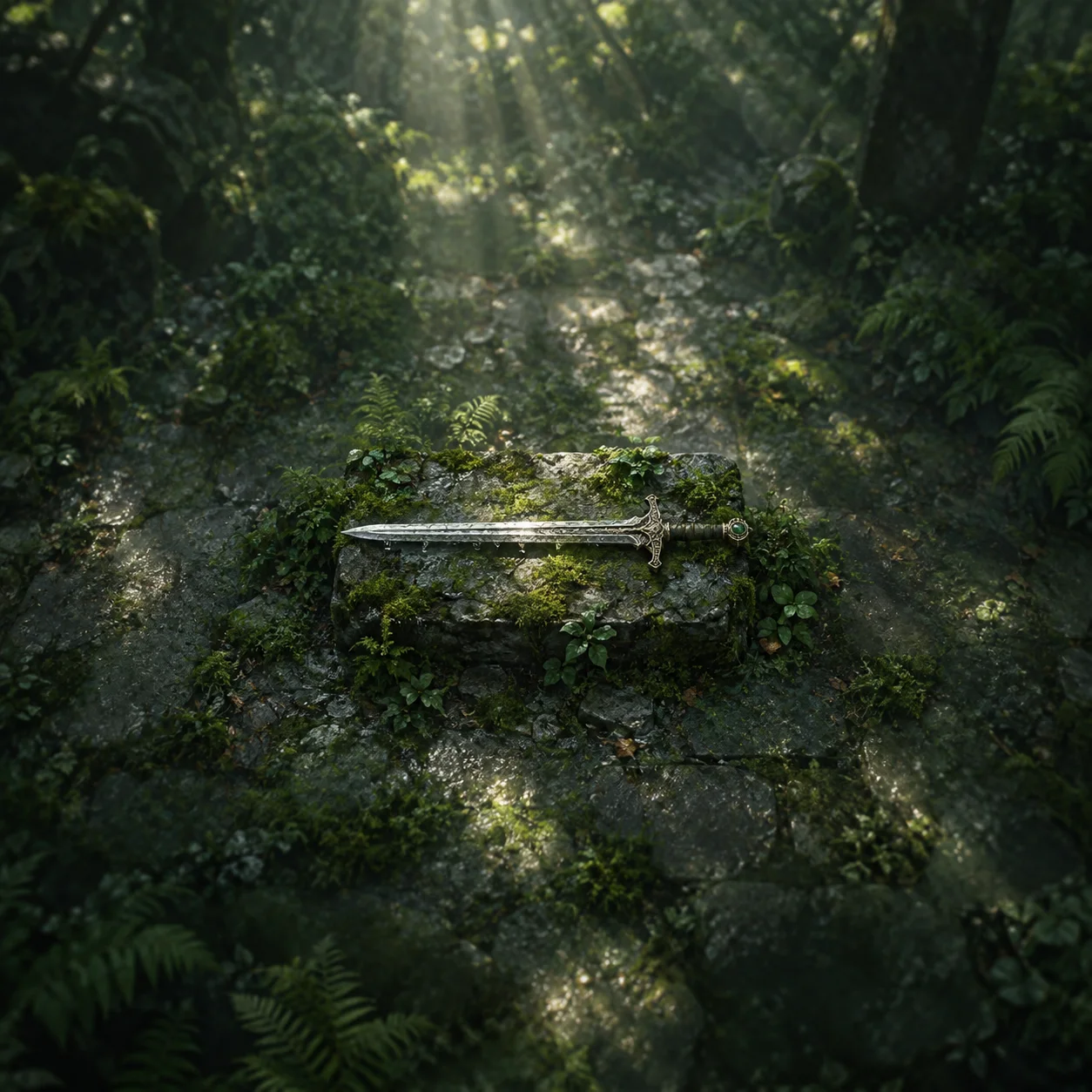 An ornate silver sword lies across a wet moss-covered stone slab in a green forest.