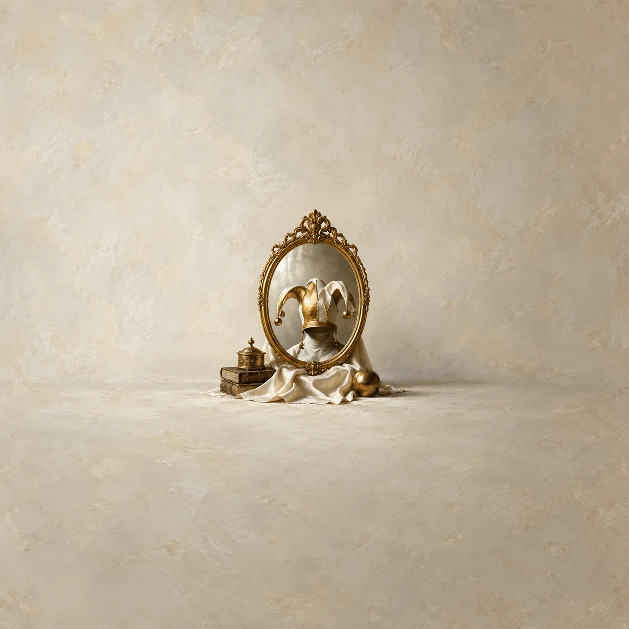 An ornate gold mirror displays a pale jester's cap above draped ivory fabric and small gold objects.
