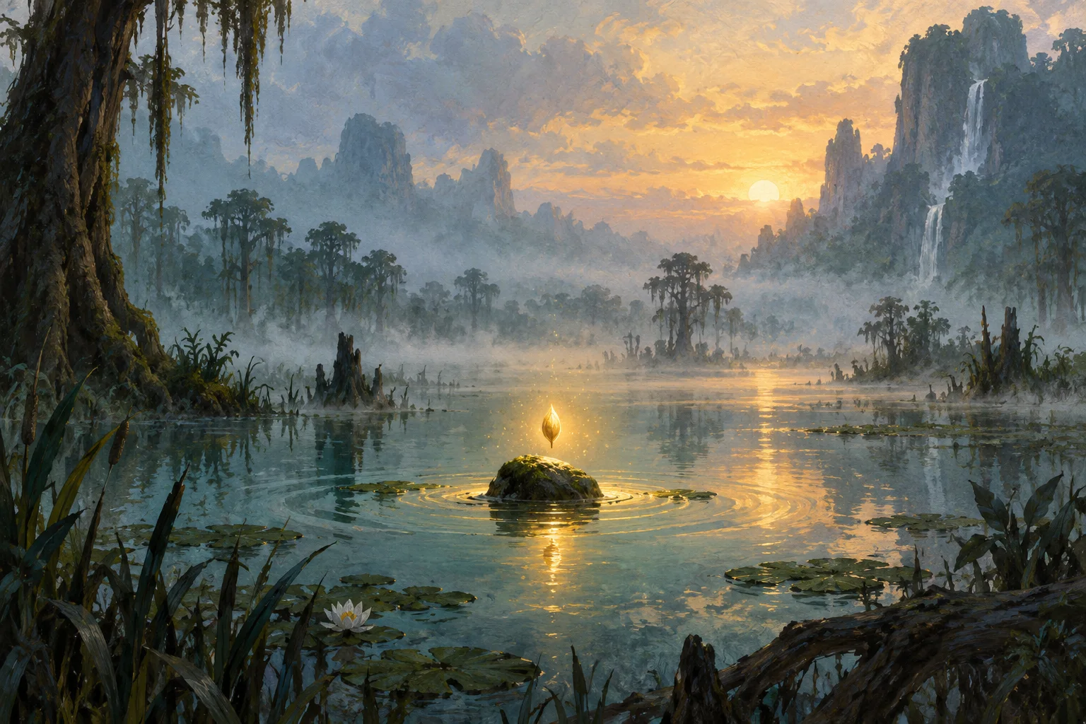 A tiny glowing gold seed floats above a dark stone in still teal swamp water at dawn.