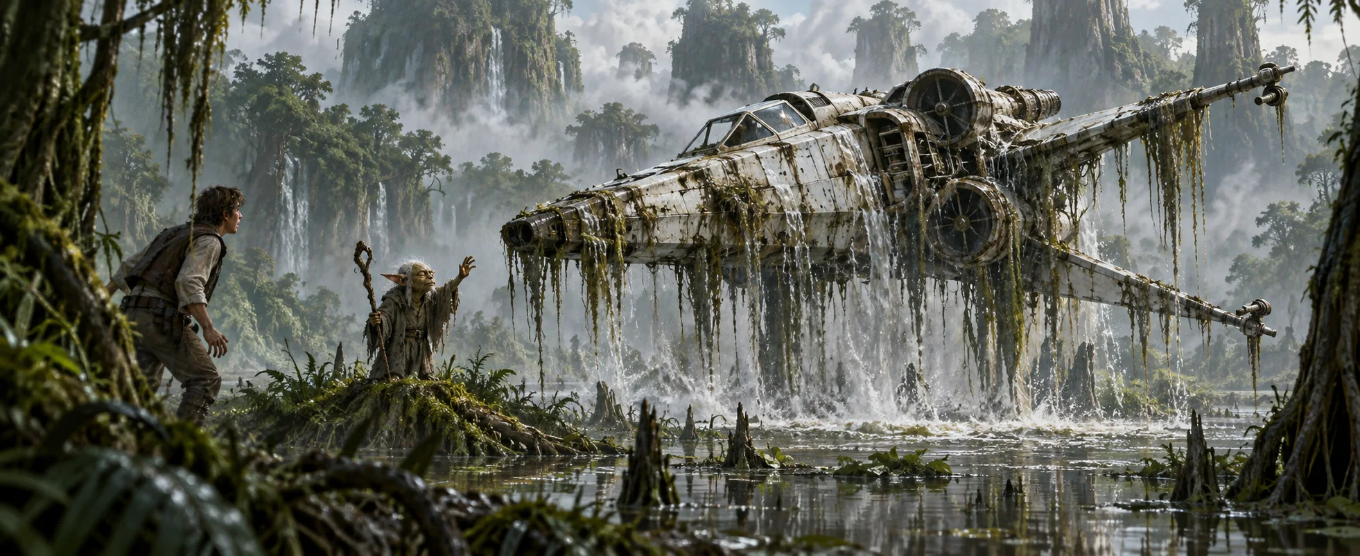 A tiny hermit raises a hand as a sunken starfighter rises dripping from a misty swamp while a young pilot stares.