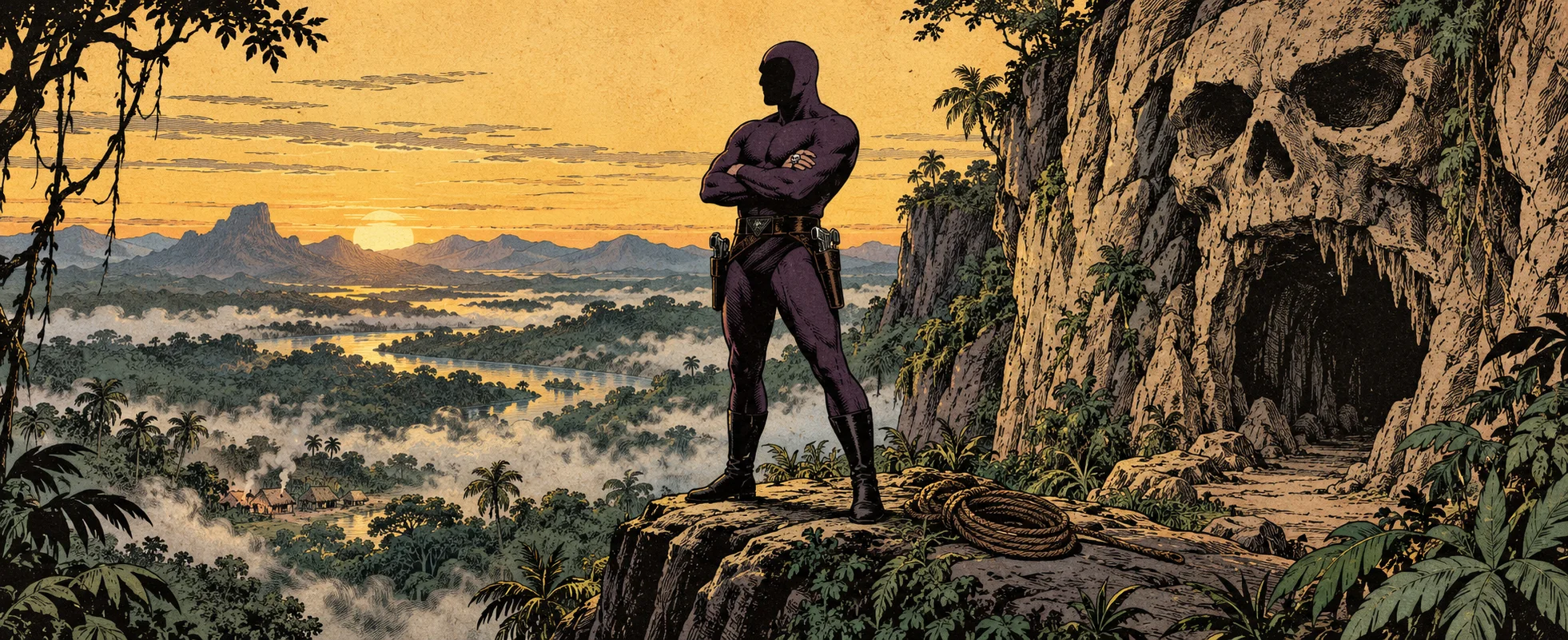 A masked hero in purple stands with folded arms on a jungle cliff beside a cave carved like a skull.