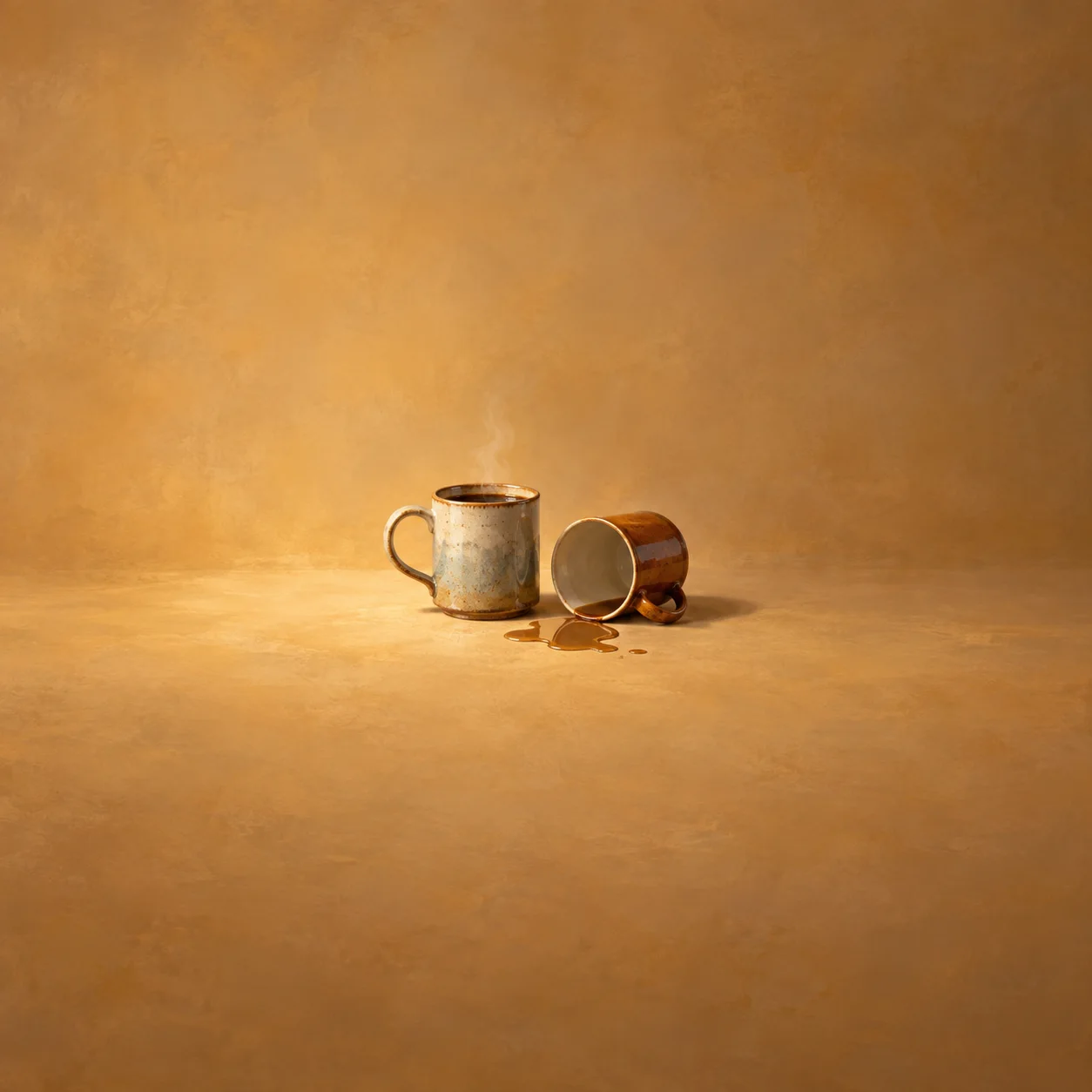Two mismatched mugs sit together, one upright and steaming and the other tipped beside a small spill.