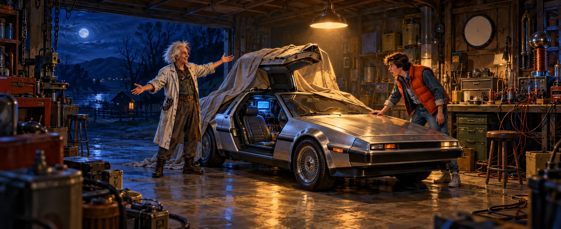 A wild-haired scientist proudly unveils a stainless-steel car to a teenager in a rainy garage at night.