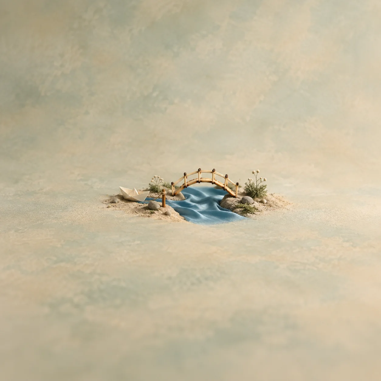 A miniature arched bridge spanning a blue fabric stream, with a paper boat resting beside the bank.