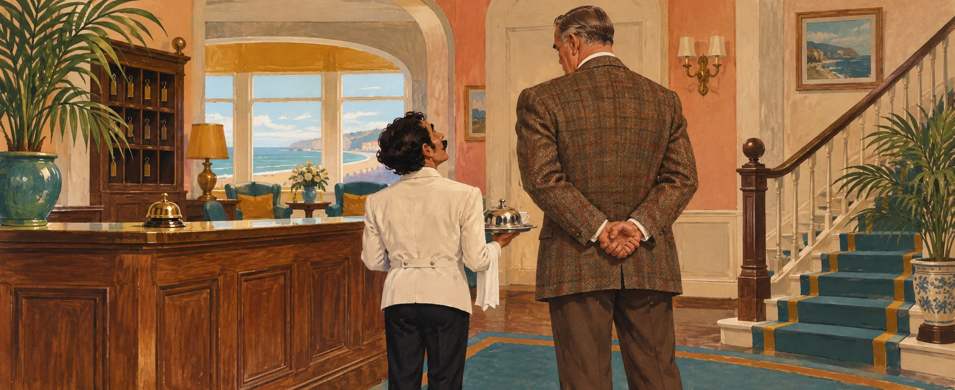 A small waiter in a white jacket holds a tray beside a tall hotelier in a tweed jacket at the reception desk of a pastel seaside hotel.
