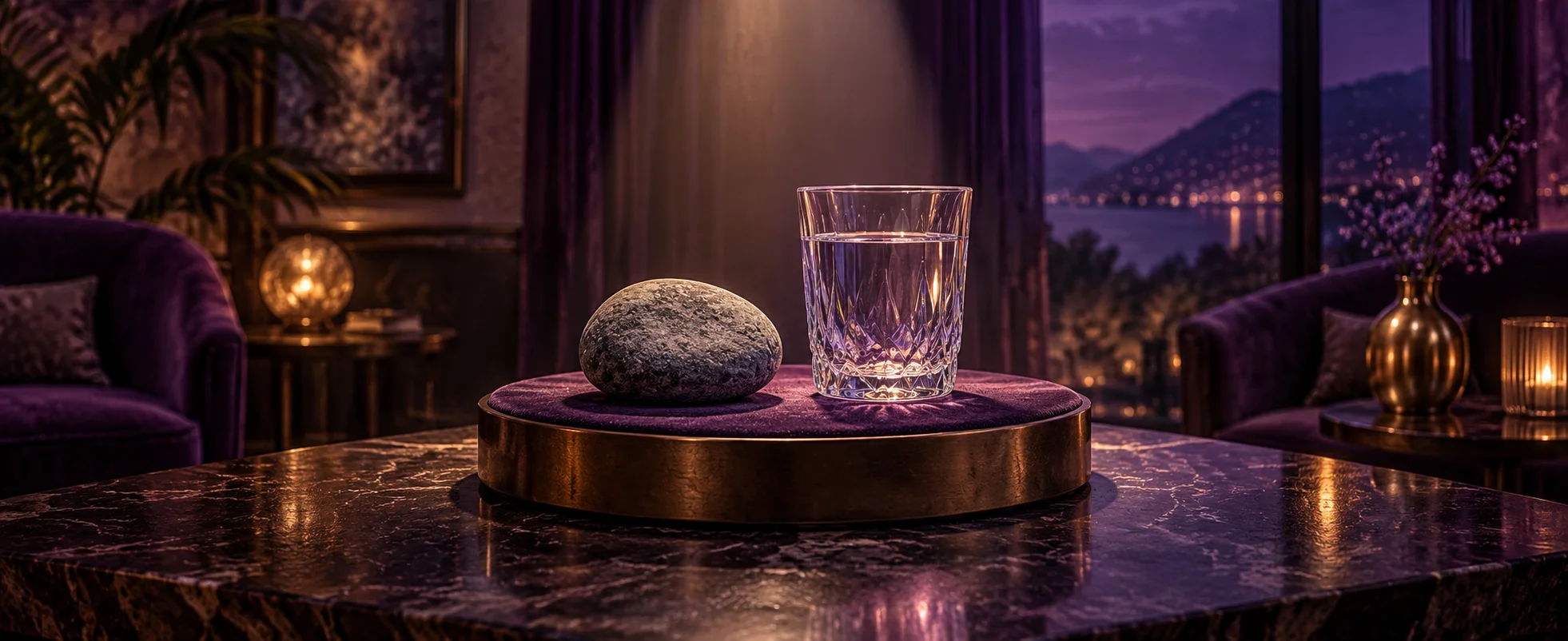 A plain grey stone sits on a miniature stage beside a crystal glass of water in a purple-lit lounge.